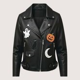 Halloween Patches Black Leather Biker Jacket