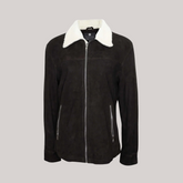 Black Shearling Suede Bomber Jacket