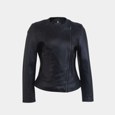 Women Round Necked Black Leather Jacket