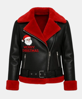 Handmade Christmas Leather Biker Jacket | Santa Embroidery, Red Shearling