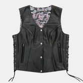 Sugar Skull Lined Black Leather Vest