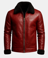 Men’s Red Christmas Leather Jacket, Santa Claus Inspired Shearling Coat