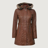 Womens Zipper Button Brown Leather Long Coat