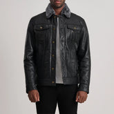 Dallis Black Leather Shearling Trucker Jacket