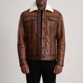 Dallis Brown Leather Shearling Trucker Jacket