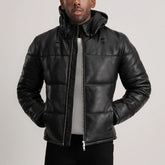 Gordon Black Hooded Leather Puffer Jacket