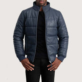 Lucas Blue Leather Puffer Bomber Jacket