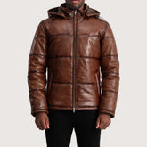 Gordon Waxed Brown Hooded Leather Puffer Jacket