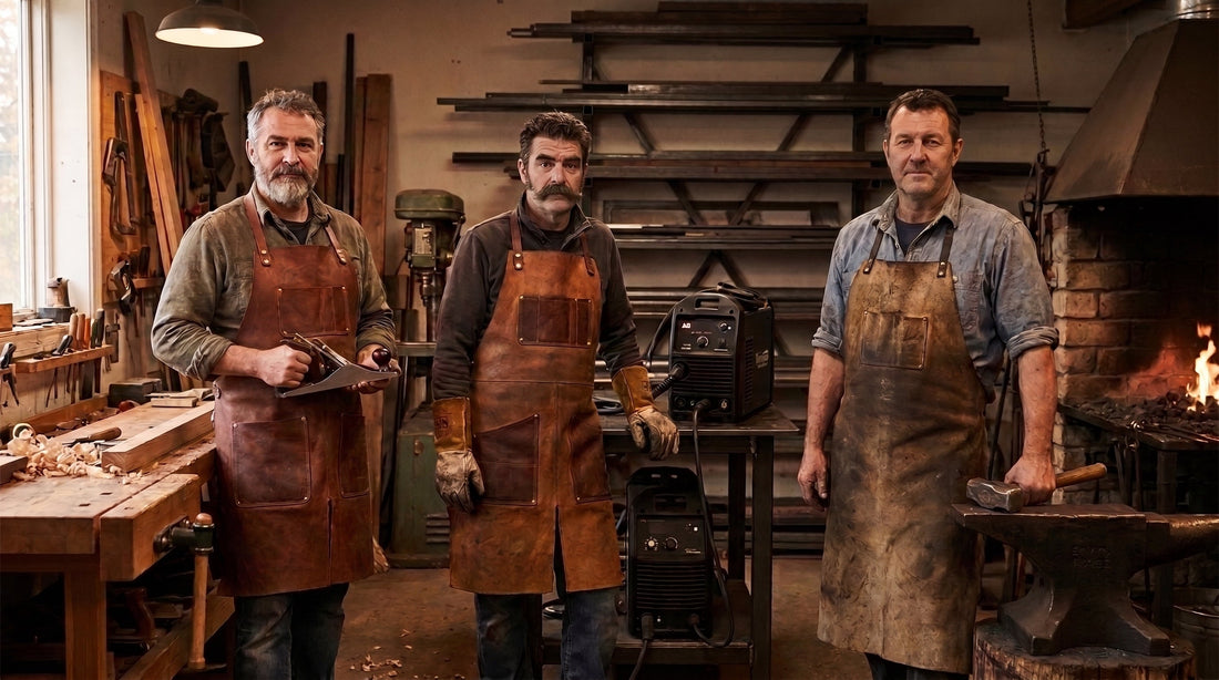 three men showcasing Best Leather Aprons for Woodworking, Welding & Blacksmithing
