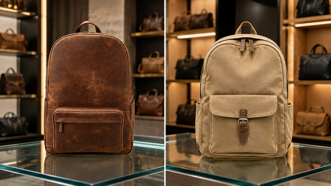 a Leather Backpack vs Canvas Backpack display on a glass counter