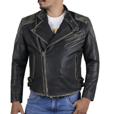 Leather Clan Men's Genuine Cow Ruboff Leather Jacket with Skull and Crossbones Design (Double Rider Jacket)