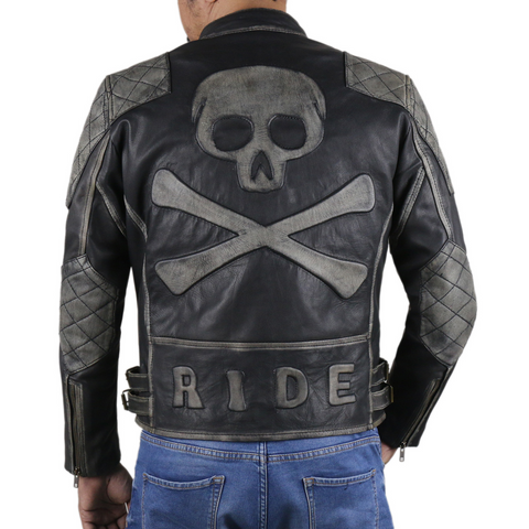 Leather Clan Men's Genuine Cow Ruboff Leather Jacket with Skull and Crossbones Design (Double Rider Jacket)