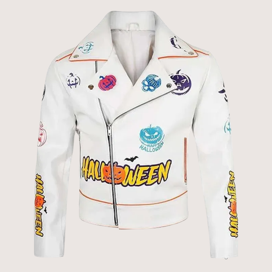Halloween White Leather Biker Jacket