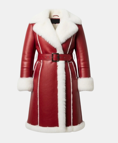 Red Santa Jacket Handmade – Unisex Christmas Leather Coat with White Shearling Trim
