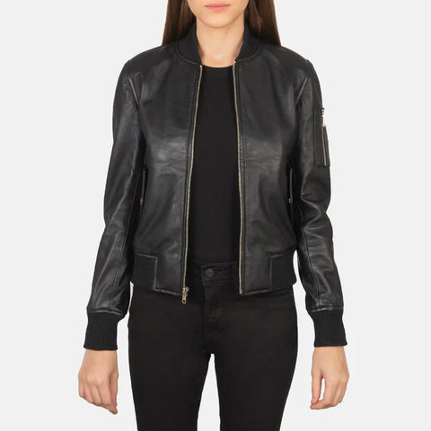 Ava MA-1 Black Leather Bomber Jacket