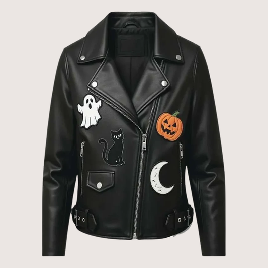 Halloween Patches Black Leather Biker Jacket