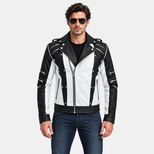 Michael Jackson Pepsi Punk Rock Style Black and White Leather Biker Jacket