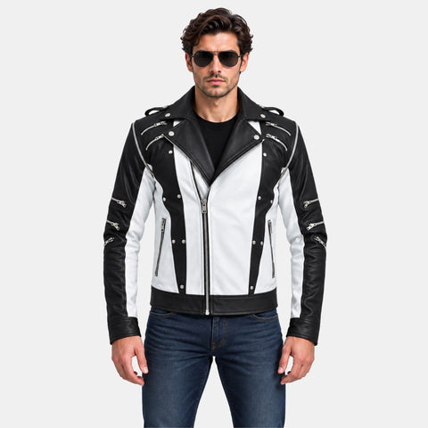 Michael Jackson Pepsi Punk Rock Style Black and White Leather Biker Jacket
