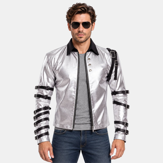 Michael Jackson Bad Tour Silver Buckle Sleeve Jacket | Iconic Stage Punk Style