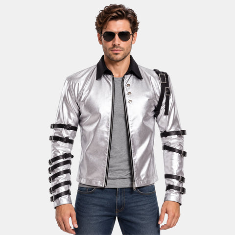 Michael Jackson Bad Tour Silver Buckle Sleeve Jacket | Iconic Stage Punk Style