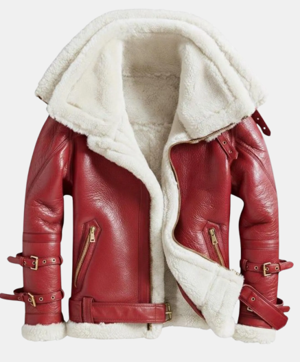 Handmade Christmas Leather Bomber Jacket – Red Santa Style Winter Coat – Festive Holiday Outerwear for Men