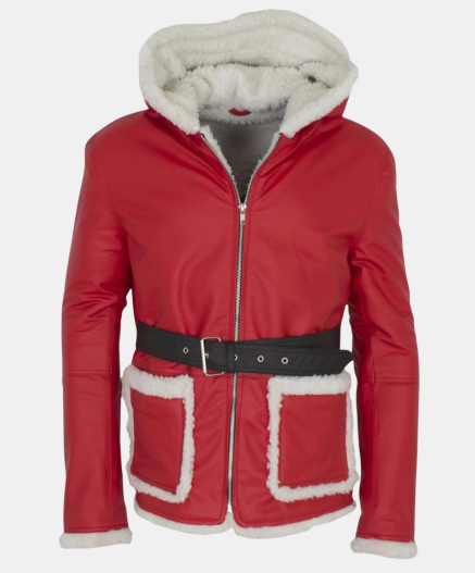 Santa Leather Coat | Christmas Costume Red Hooded Jacket