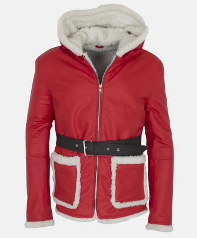 Santa Leather Coat | Christmas Costume Red Hooded Jacket