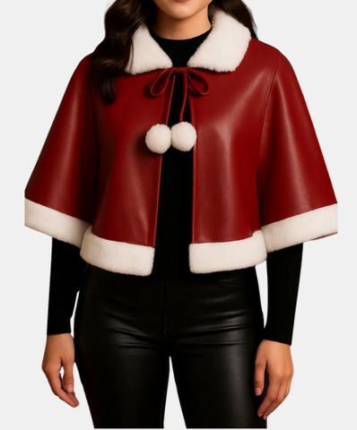 Christmas Women’s Leather Jacket Cape: Red White Santa Style Handmade Jacket