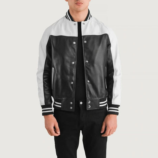 Terrance Black & White Leather Varsity Jacket - Leather Clan