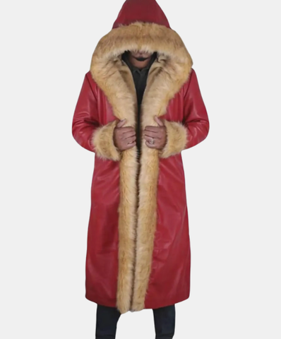 Handmade Santa Leather Coat: Red Christmas Trench with Faux Fur Trim