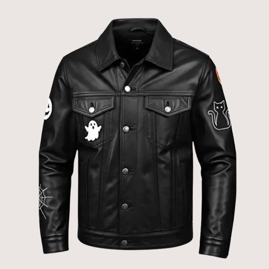 Halloween Black Leather Trucker Jacket