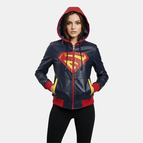 Leather Clan Women's Super Girl Red Blue Faux Leather Hooded Bomber Jacket
