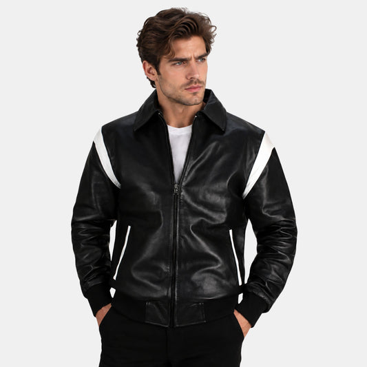 Leather Clan Men's Genuine Lambskin Two-Tone Bomber Jacket