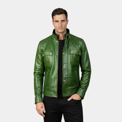 Darren Distressed Green Leather Biker Jacket