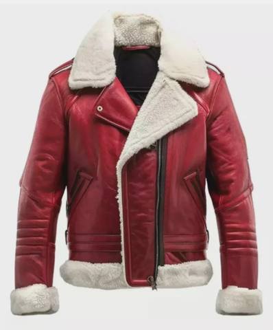 Men’s Retro Red Shearling Leather Aviator Jacket