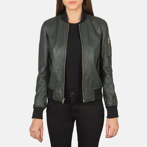Ava MA-1 Green Leather Bomber Jacket