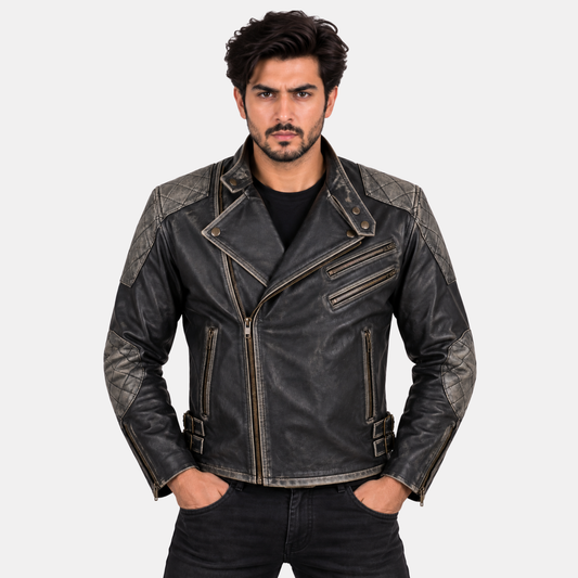 Leather Clan Men's Genuine Cow Ruboff Leather Jacket with Skull and Crossbones Design (Double Rider Jacket)