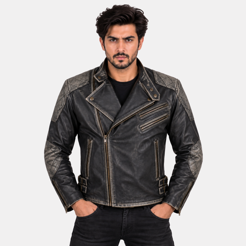 Leather Clan Men's Genuine Cow Ruboff Leather Jacket with Skull and Crossbones Design (Double Rider Jacket)