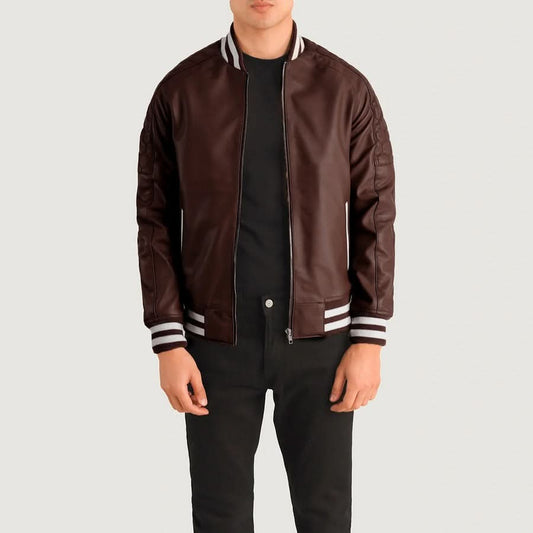Pascal Maroon Leather Varsity Jacket - Leather Clan