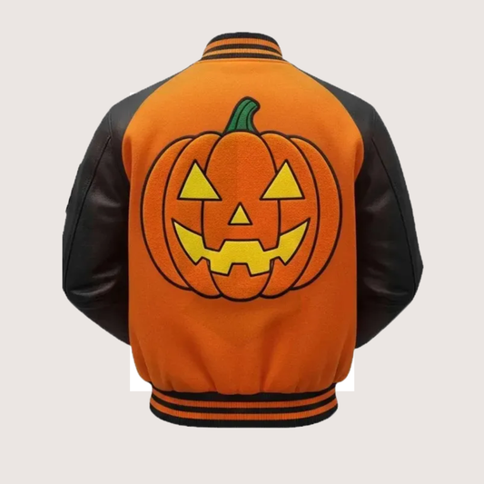 Halloween Pumpkin Crew Varsity Jacket - Leather Clan