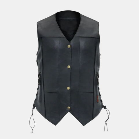 Ladies Black Motorcycle Ten Pocket Leather Biker Vest