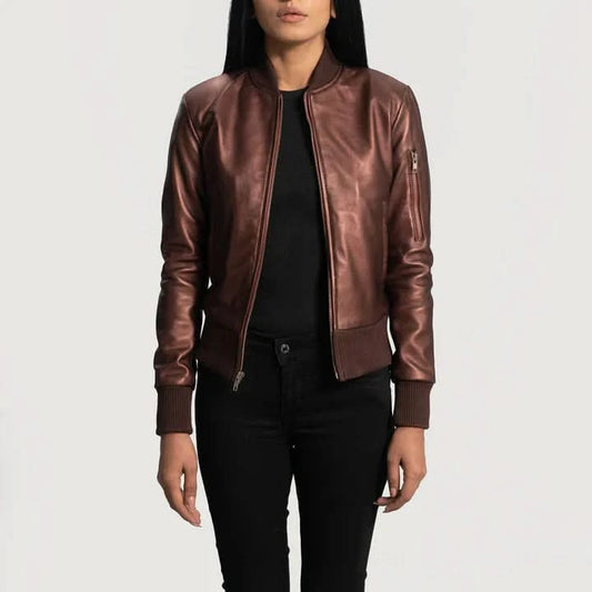Reida Maroon Leather Bomber Jacket - Leather Clan
