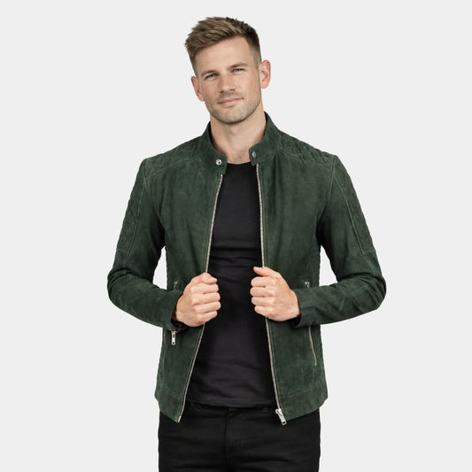 Fernando Quilted Green Suede Biker Jacket - Leather Clan