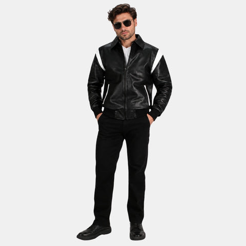 Leather Clan Men's Genuine Lambskin Two-Tone Bomber Jacket