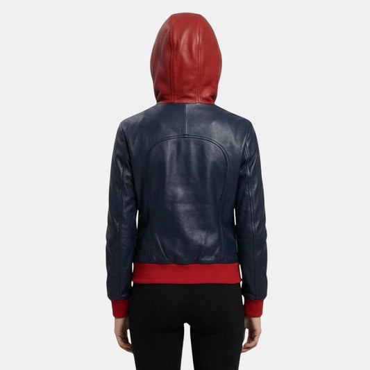 Leather Clan Women's Super Girl Red Blue Faux Leather Hooded Bomber Jacket
