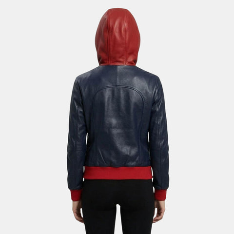 Leather Clan Women's Super Girl Red Blue Faux Leather Hooded Bomber Jacket