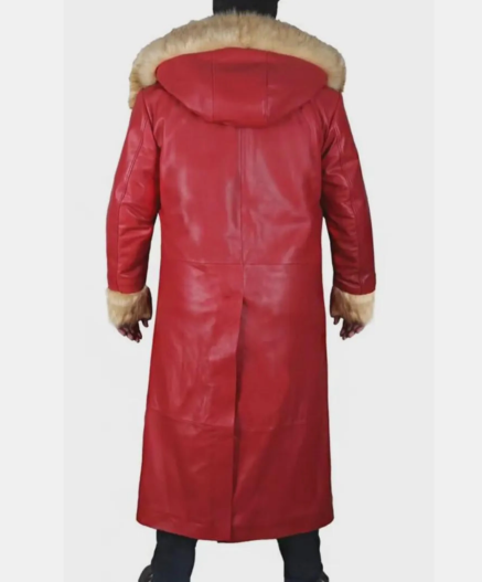 Handmade Santa Leather Coat: Red Christmas Trench with Faux Fur Trim