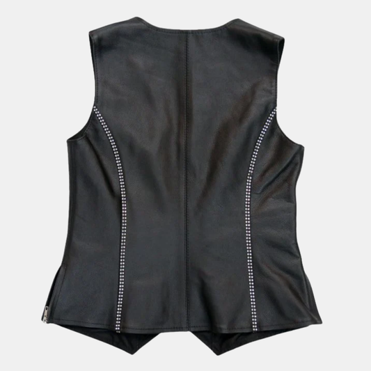 Rhinestone Black Leather Vest