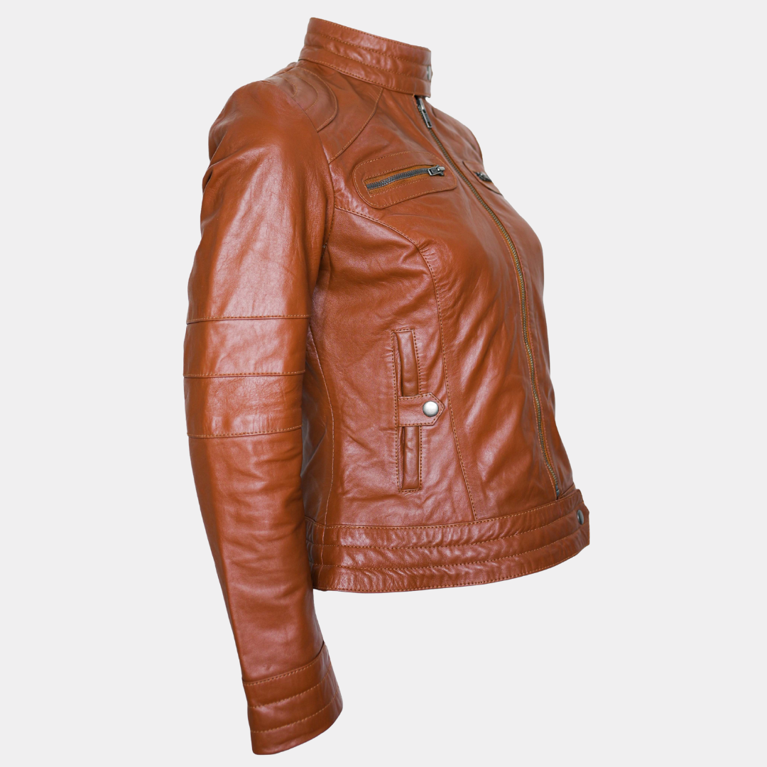 Women Classic Motorcycle Brown Leather Jacket