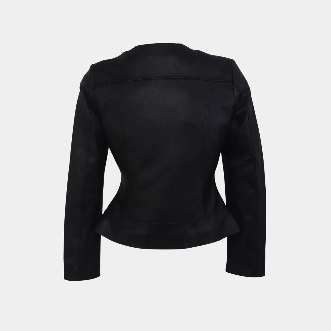 Women Round Necked Black Leather Jacket